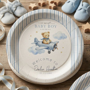 Little Pilot Teddy Bear Baby Boy Shower Paper Plates