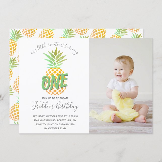 Little Pineapple 1st Birthday Photo Invitation (Front/Back)