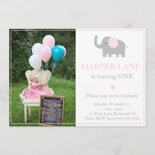 Little Pink and Grey Elephant Birthday Invitation