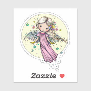 Little Pink Angel Floating by Moon Sticker