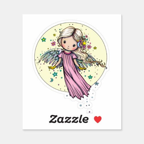 Little Pink Angel Floating by Moon Sticker