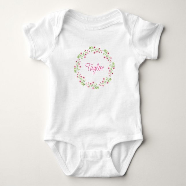 Little Pink Blossoms Watercolor Wreath Baby Bodysuit (Front)