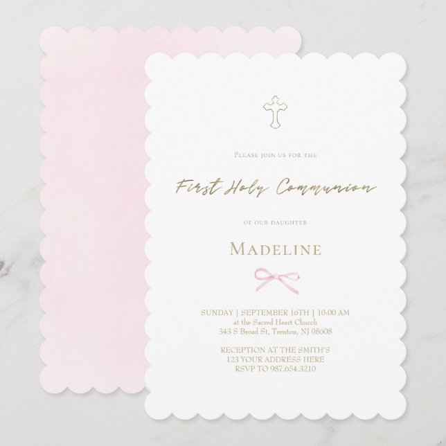 little pink bow First Holy Communion girl Invitation (Front/Back)