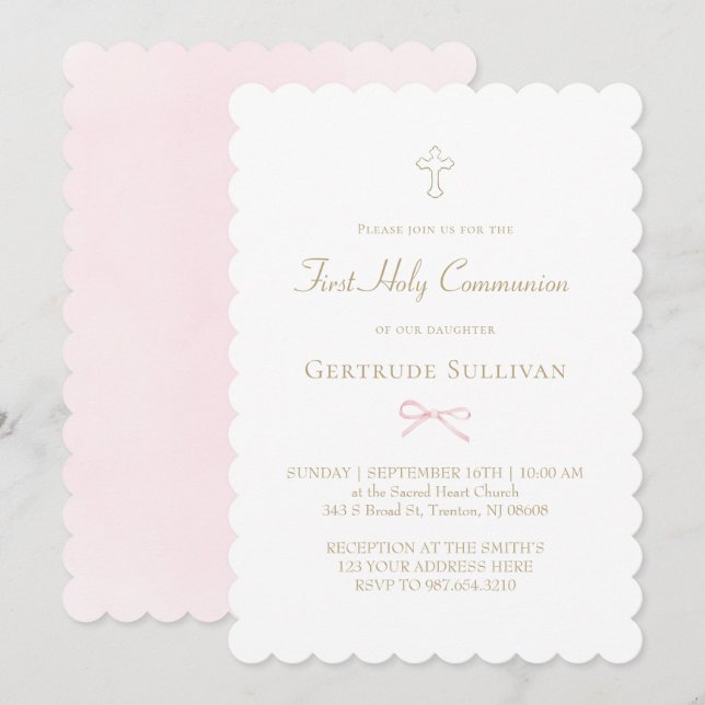 little pink bow | First Holy Communion Invitation (Front/Back)