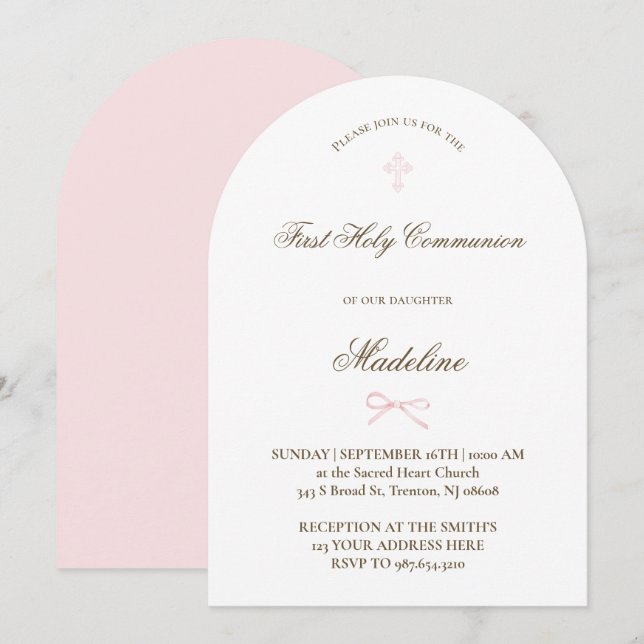 little pink bow  |  First Holy Communion Invitation (Front/Back)