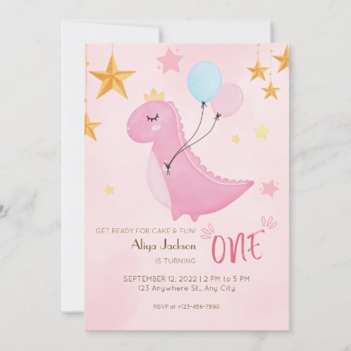 Little Pink Dino first birthday Invitation