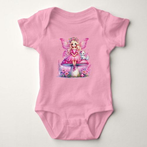 Little Pink Fairy Sitting on a Mushroom Baby Bodysuit