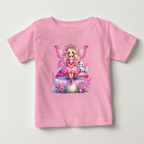 Little Pink Fairy Sitting on a Mushroom Baby T_Shirt