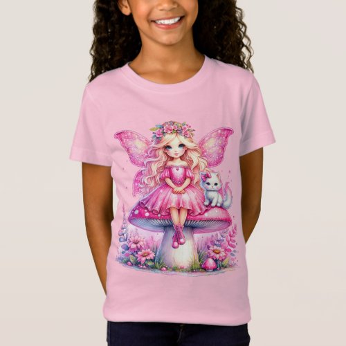 Little Pink Fairy Sitting on a Mushroom T_Shirt