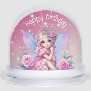 Little PInk Fairy with Roses & Stars Birthday Snow Globe