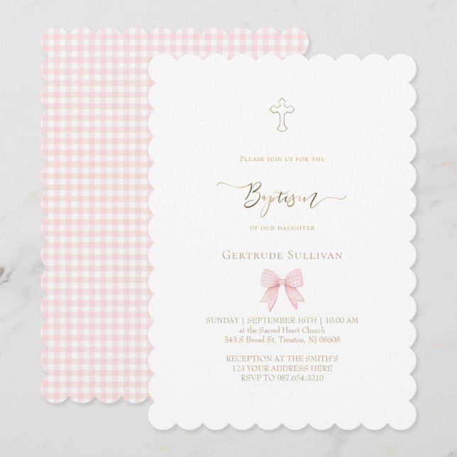 little pink gingham bow | Baptism Invitation (Front/Back)