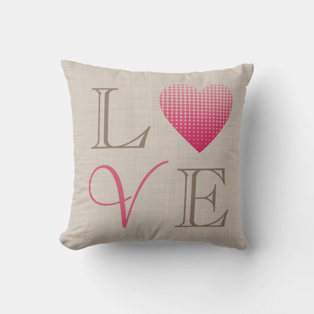 Little pink hearts Love red grey linen print Throw Pillow (Front)
