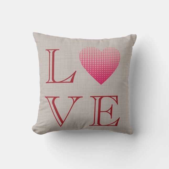 Little pink hearts Love red grey linen print Throw Pillow (Front)
