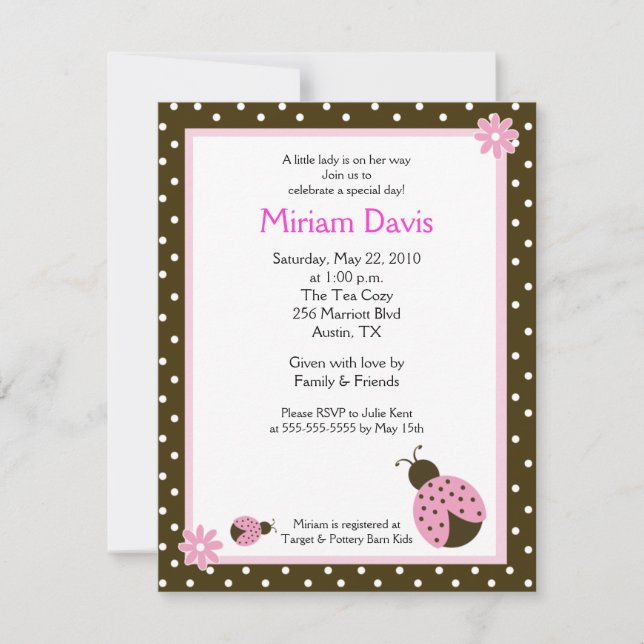 Little Pink Ladybugs 4x5 Baby Shower Invitations (Front)
