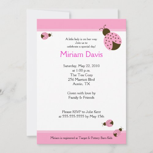 Little Pink Ladybugs 5x7 Baby Shower Invitations