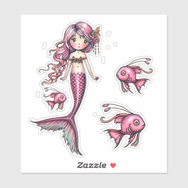 Little Pink Mermaid and Fish Illustration Sticker (Sheet)