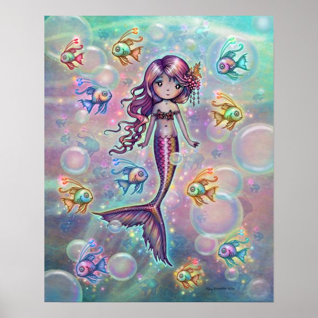 Little Pink Mermaid with Fish and Bubbles Fantasy Poster (Front)