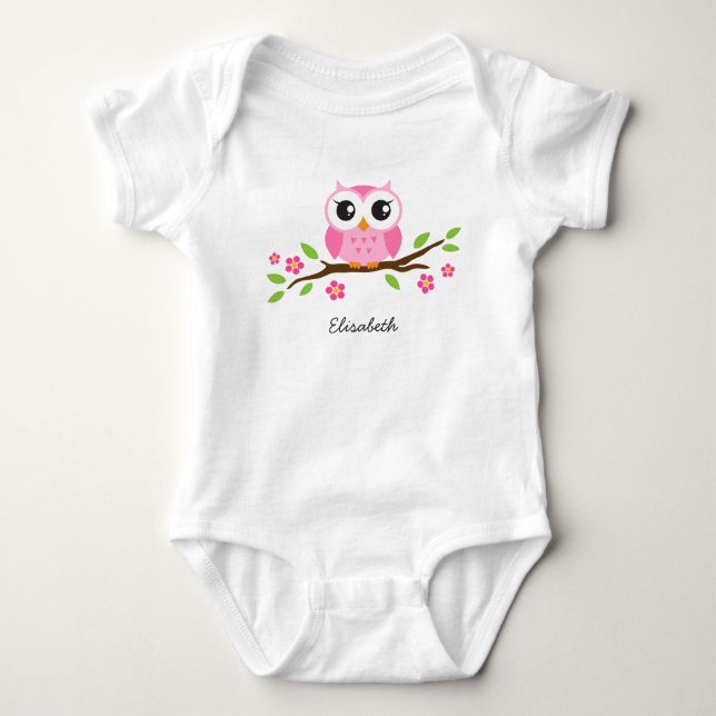 Little pink owl on floral branch personalized name baby bodysuit (Front)