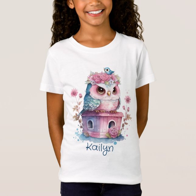 Little Pink Owl Watercolor T-Shirt (Front)