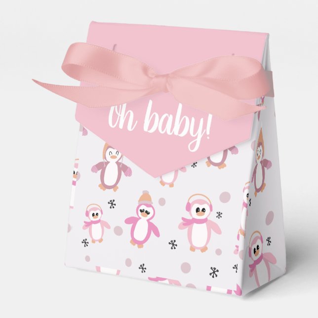 Little Pink Penguin Winter Baby Shower Favor Box (Front Side)