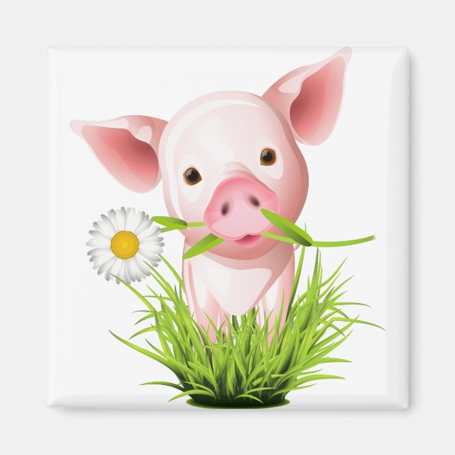 Little pink pig in grass magnet (Front)