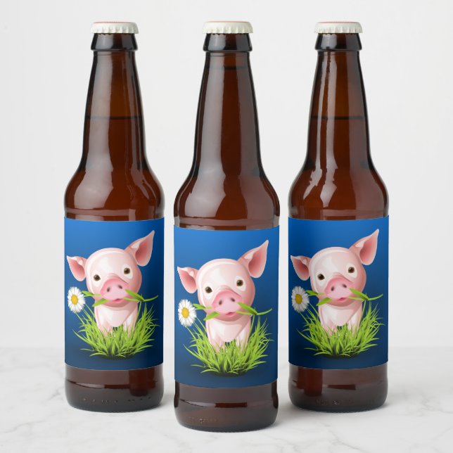 Little pink pig in green grass over blue beer bottle label | Zazzle