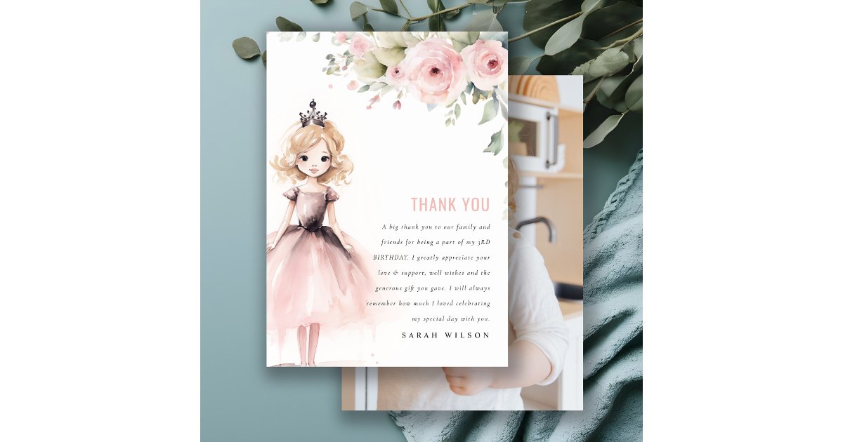 Little Pink Princess Rose Floral Birthday Photo Thank You Card | Zazzle