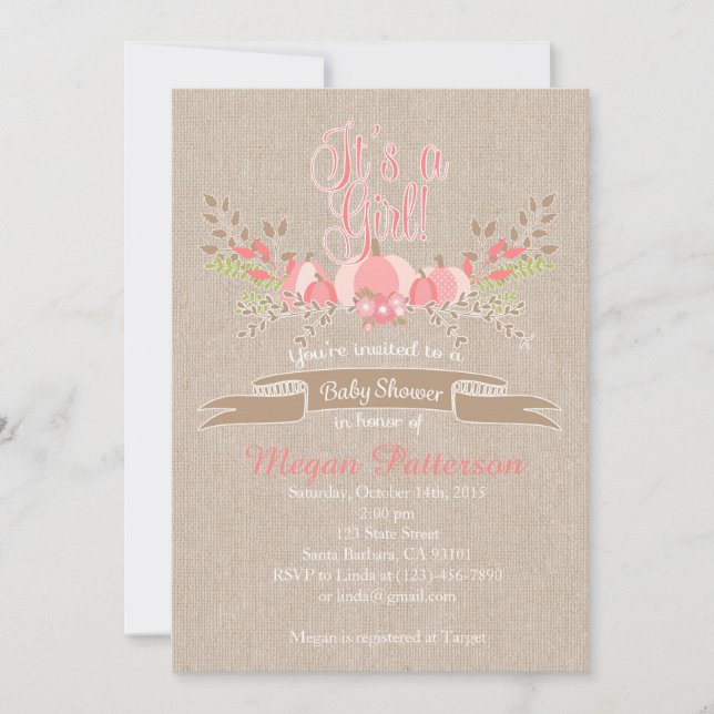 Little Pink  Pumpkin Baby Shower Invitation Burlap (Front)