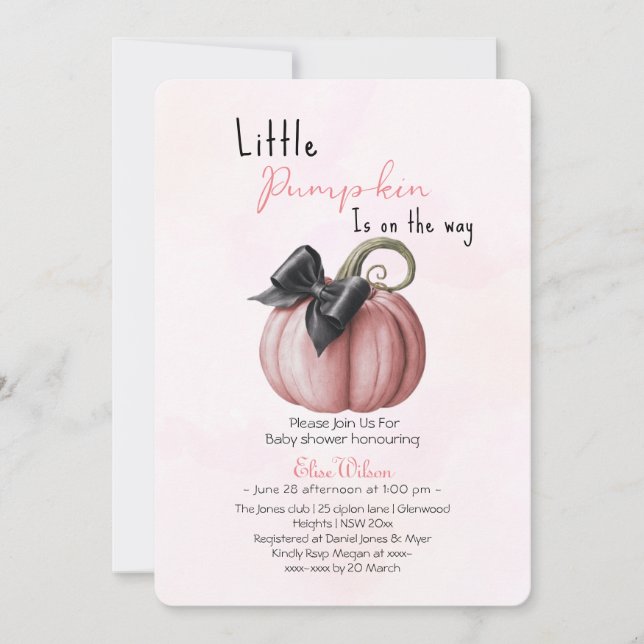 Little pink pumpkin bow is on the way invitation (Front)