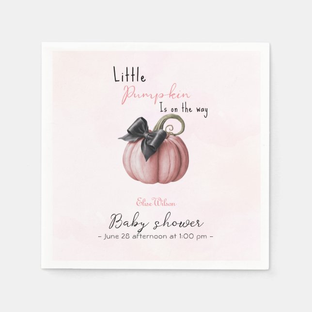 Little pink pumpkin bow is on the way napkins (Front)