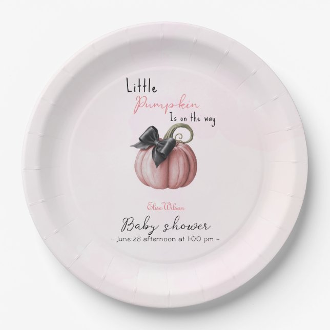 Little pink pumpkin bow is on the way paper plates (Front)
