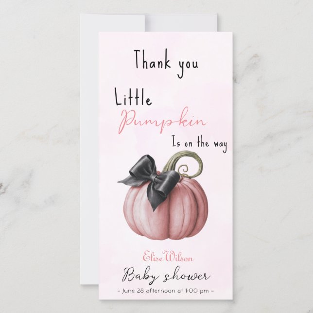 Little pink pumpkin bow is on the way thank you card (Front)