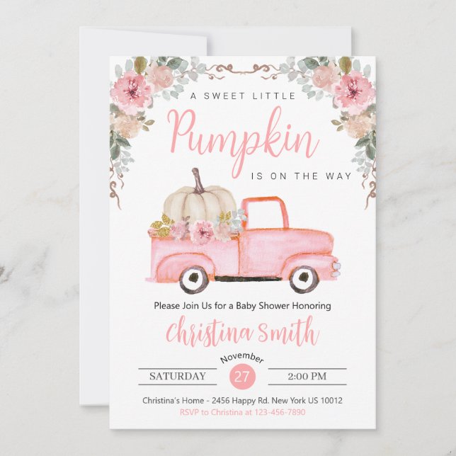 Little Pink Pumpkin Rustic Truck Baby Girl Shower Invitation (Front)