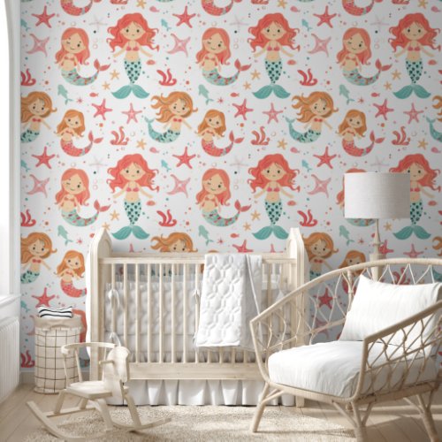 Little Pink Teal Mermaid Pattern Baby Nursery Wallpaper