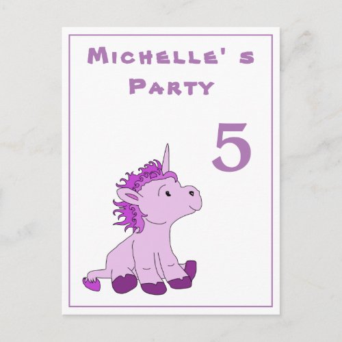 Little Pink Unicorn Birthday Party Invite - An unicorn postcard for a kid`s birthday party celebration. A costumizable and personalizable birthday invite card. All data are written on the back side of the postcard. This invitation has a cute little pink and purple unicorn sitting and looking at the age number. The pink unicorn makes this great as a party invite for a girl's birthday and her friends.