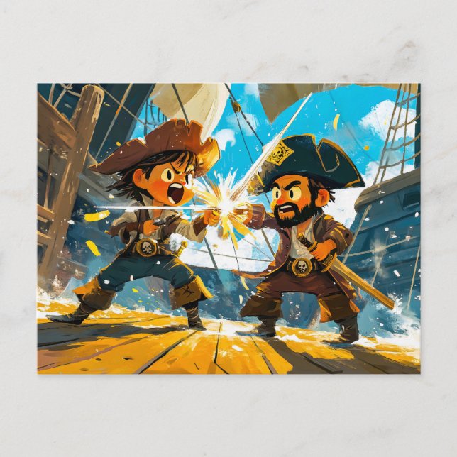Little Pirate Battling Another Pirate on a Ship Postcard (Front)