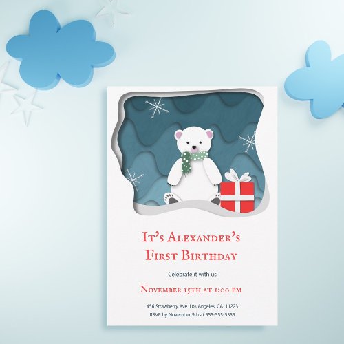 Little Polar Bear with Red Present First Birthday Invitation