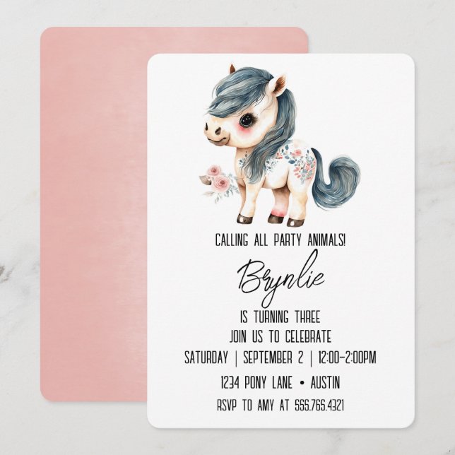 Little Pony Birthday Cute White Horse Pink Invitation (Front/Back)