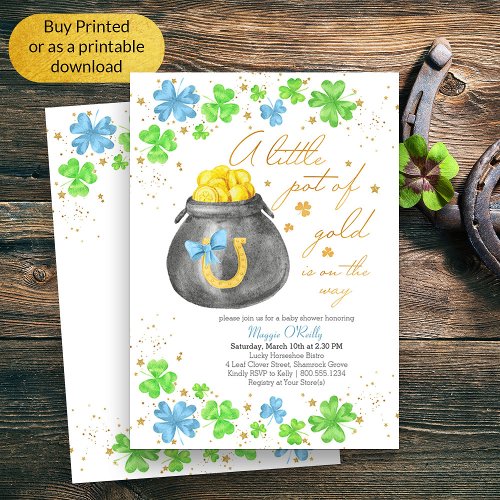 Little Pot of Gold Blue Green Shamrock Baby Shower Invitation