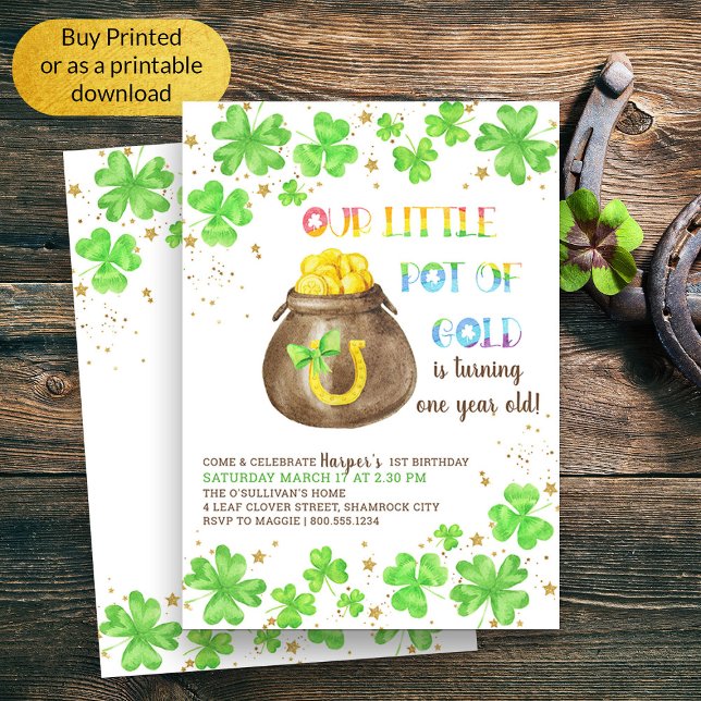 Little Pot of Gold Lucky Shamrock 1st Birthday Invitation (Cute First Birthday St Patricks Themed Birthday Invitation)