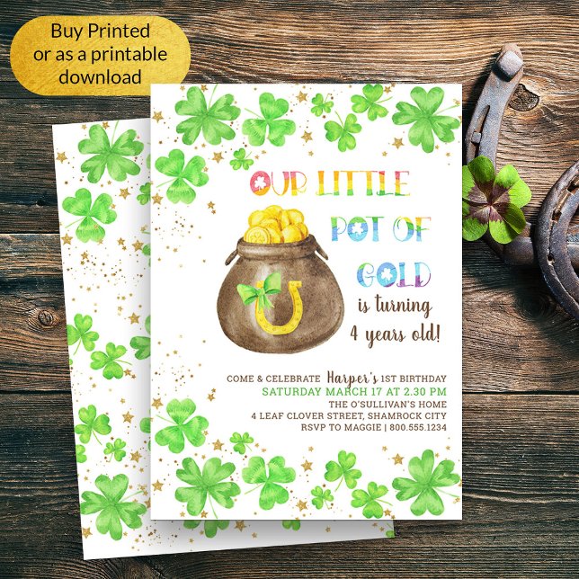 Little Pot of Gold Lucky Shamrock Kids Birthday Invitation (Kids Whimsical St Patricks Themed Birthday Invitation)