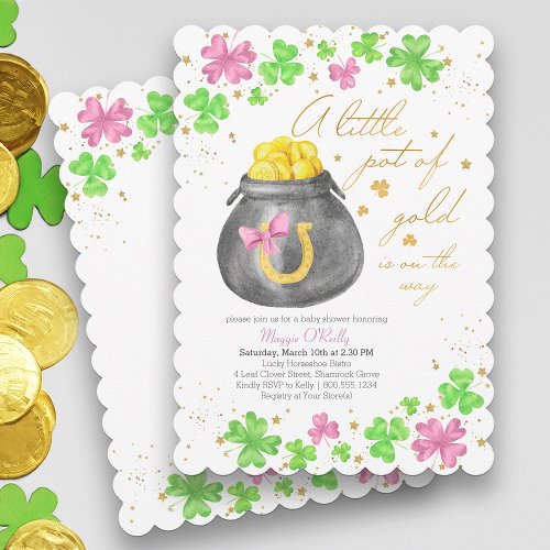 Little Pot of Gold Pink Green Shamrock Baby Shower Invitation