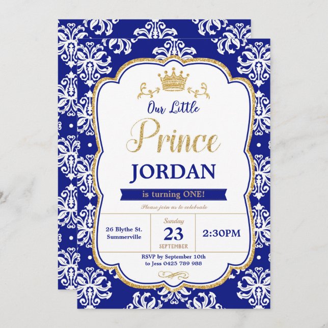 Little Prince 1st Birthday Royal Blue Damask Boy Invitation (Front/Back)