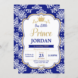 Little Prince 1st Birthday Royal Blue Damask Boy Invitation