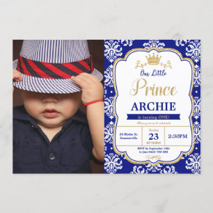 Little Prince 1st Birthday Royal Blue Damask Photo Invitation