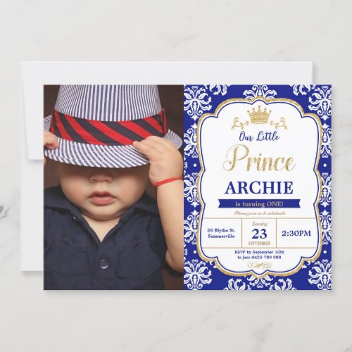 Little Prince 1st Birthday Royal Blue Damask Photo Invitation