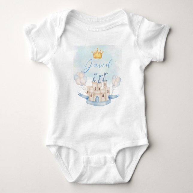 Little Prince baby birthday gold crown blue castle Bodysuit (Front)