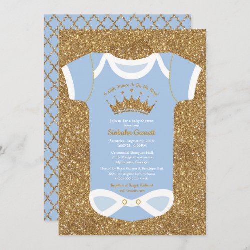 Little Prince Baby Blue  Royal Gold Baby Shower Invitation