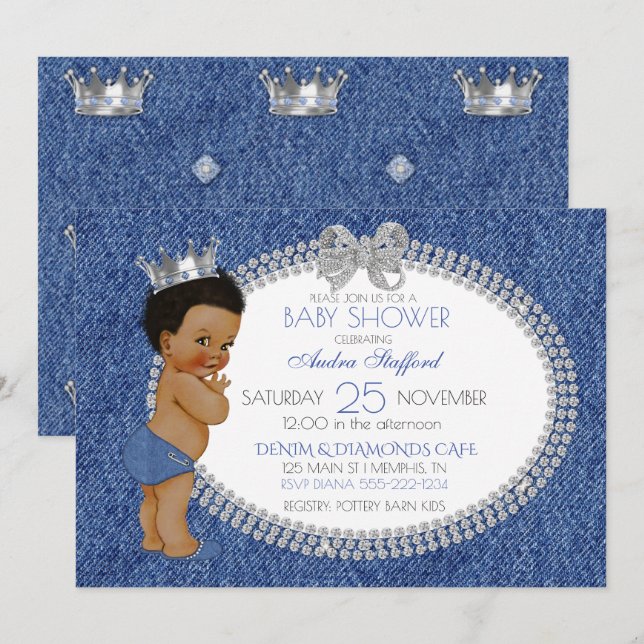 Little Prince Baby Boy Denim & Diamonds Invitation (Front/Back)