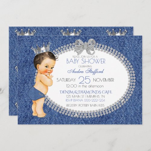 Little Prince Baby Boy Denim  Diamonds Invitation